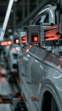 Automotive Manufacturing Line: A sleek silver car on an assembly line, with robotic arms and red lights suggesting an advanced production process in a modern factory.