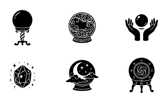 70 Mystic Crystal Ball Icons, Fortune Telling Orbs, Psychic Visions, Esoteric Symbols, Set of 6 Vector Graphics for Divination and Magic 100