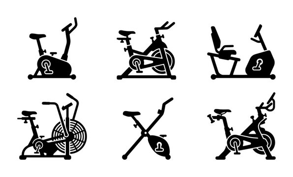 70 Stationary Bike Icons Set, Exercise Bicycle Vector Graphics, Fitness Equipment Silhouettes for Gym and Home Workout 100