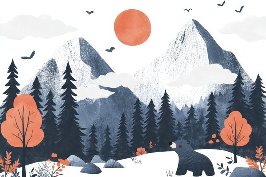 Hand drawn illustration of a cute bear in a snowy forest with mountains and a large orange sun