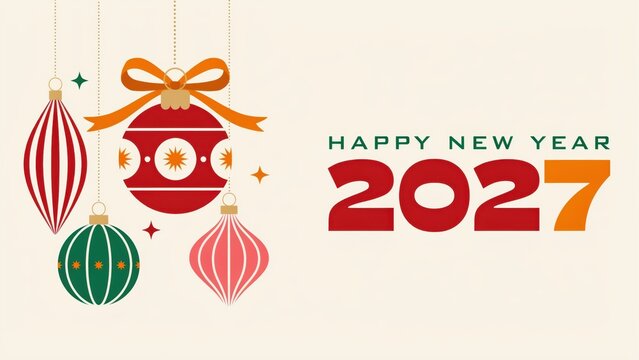 Happy new year 2027 greeting card with hanging ornaments