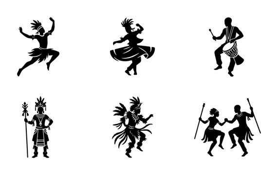 70 African Tribal Dance Silhouettes, 6 Figures Set, Cultural Celebration Vector Icons, Traditional Performance Art 100