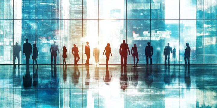 Silhouettes of business people standing in a modern office building with large glass windows