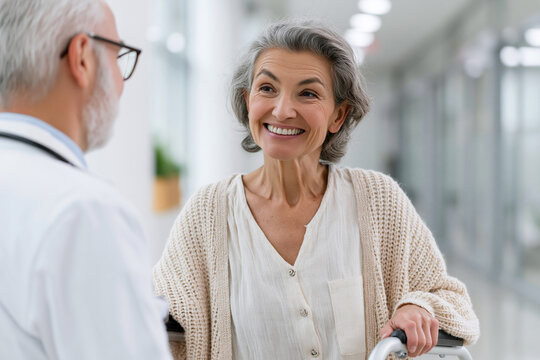 Senior woman smiles warmly during hospital visit. Doctor listens attentively, offering care and reassurance. Bright hallway, soft lighting, calm atmosphere. Ideal for healthcare, geriatric care