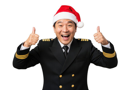 Happy airline pilot wearing a santa hat giving thumbs up isolated on transparent background