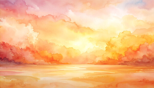 Abstract Watercolor Sunset Landscape with Warm Orange and Yellow Tones Reflecting on Calm Water Surface