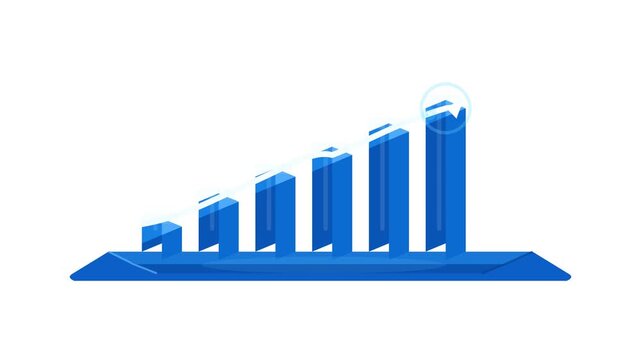 A blue 3D bar chart grows steadily upward against a clean white backdrop illustrating corporate success and financial progress.