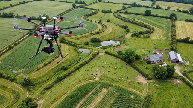 Professional hexacopter drone surveying sustainable farmland and solar farmhouse