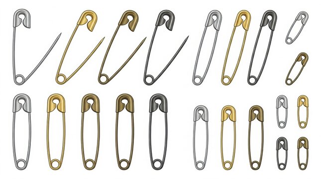 A collection of various metal safety pins of different sizes and colors arranged neatly on a plain white background