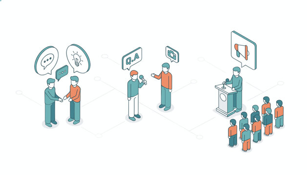 Abstract communication diagrams showing private discussions, interview questions and answers, and a public speech.