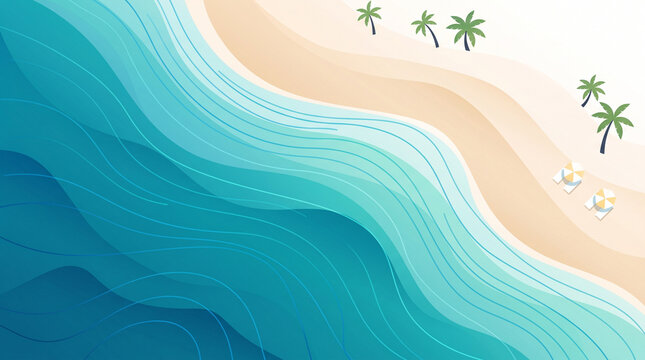 An aerial view of a tropical beach with turquoise waves gently lapping on the sandy shore, palm trees, and tropical flowers. A serene and idyllic scene representing paradise