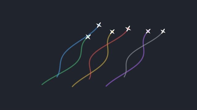 Animated white aircraft icons leave colorful crossing smoke trails on a dark background in a minimalist motion graphics style.