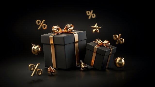 Black gift boxes with golden ribbons, percentage signs, and christmas decorations on a black background for holiday sales and promotions