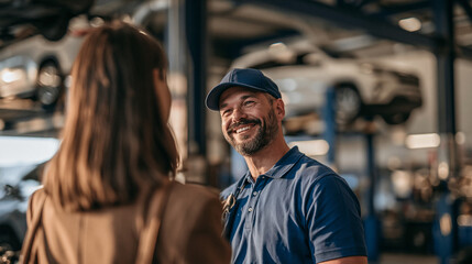 Fototapeta premium Friendly Mechanic Consultation: A smiling male mechanic in a blue cap and polo shirt chats with a female customer in a well-lit auto repair shop.
