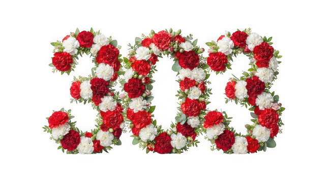 Number 303 made of red and white carnations isolated on transparent background