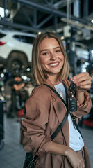 Fototapeta premium Satisfied Customer with Car Keys: A smiling young woman, holding car keys, stands in a modern auto repair shop, indicating a successful transaction or service completion.