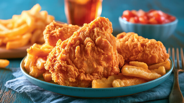 Fried chicken french fries blue plate fast food crispy chicken golden crust food meal dinner plate