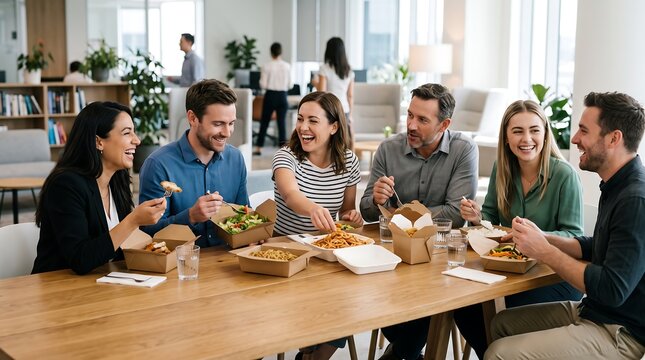 Diverse office colleagues enjoying takeaway lunch together at wooden dining table, workplace culture concept
