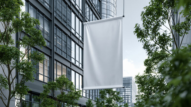 Vertical banner mockup, hanging on modern building facade, blank white banner in urban exterior