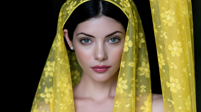 Woman with yellow fabric veil studio portrait black background close up young adult dark hair blue eye fair skin elegant model