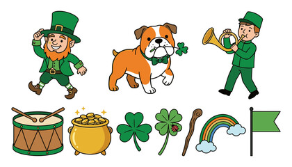 Fototapeta premium St. Patrick's Day Celebration Illustration Set with Leprechaun, Irish Bulldog, Trumpet Player, Gold Coins, Shamrocks, Rainbow, Drum, and Flag