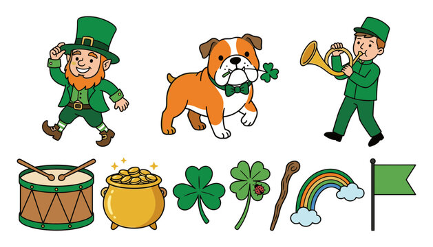 St. Patrick's Day Celebration Illustration Set with Leprechaun, Irish Bulldog, Trumpet Player, Gold Coins, Shamrocks, Rainbow, Drum, and Flag
