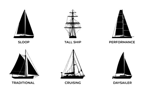 70 Diverse Sailboat Silhouettes Collection: Sloop, Tall Ship, Performance, Traditional, Cruising, Daysailer Vector Icons for Nautical Themes 100