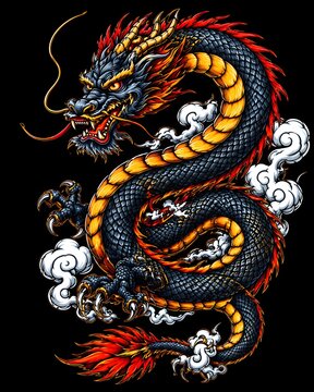 Elegant coiled Asian dragon with golden scales, dark blue and black body, red spines and flowing whiskers. The mythical creature is surrounded by decorative clouds and flame elements in a traditional 