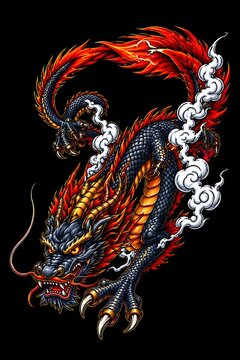 Dynamic Asian dragon illustration with a long curved body, detailed dark scales, fiery red mane, golden accents and swirling white clouds. Traditional oriental fantasy artwork with an energetic compos
