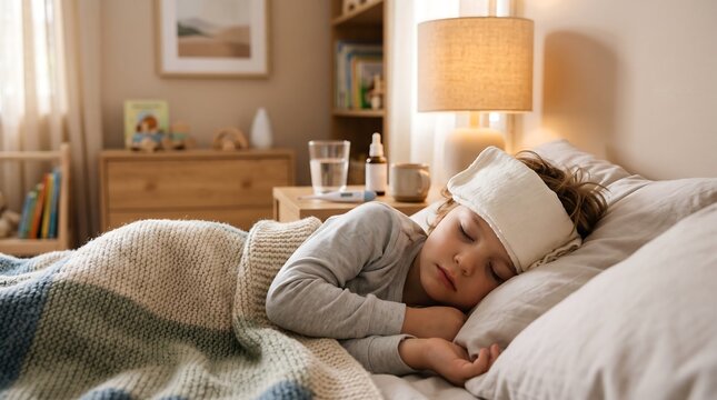 Sick young boy sleeping in bed with cold compress towel on forehead, childhood fever treatment concept