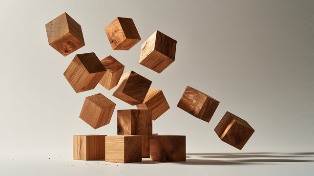 Wooden Cubes in Motion: A dynamic arrangement of wooden cubes, some suspended mid-air while others form a base, creating a sense of movement and abstract composition.
