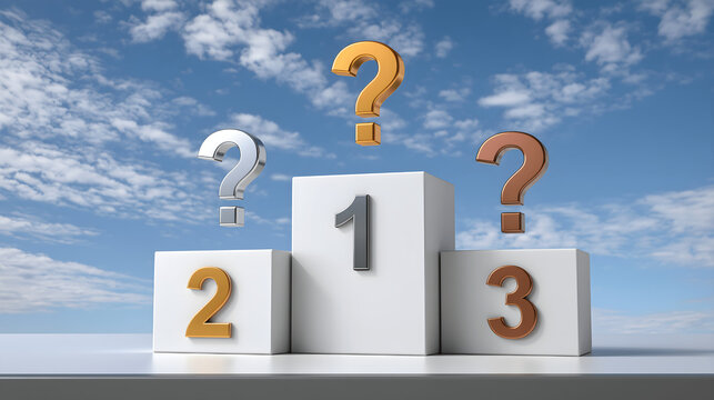 3D Render of White Victory Podium with Gold, Silver, and Bronze Numbers and Question Marks Over First, Second, and Third Place Against Blue Sky