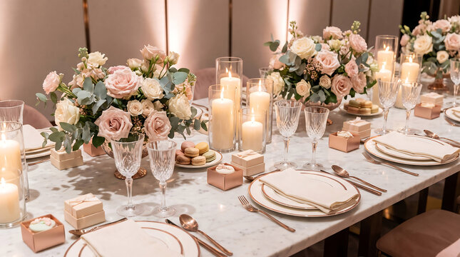 Elegant wedding dinner table setting with flowers and candles in a ballroom