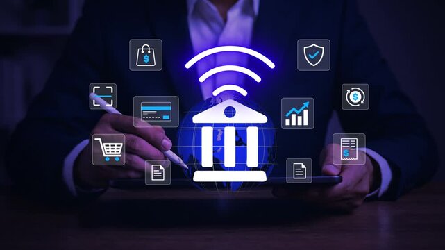 man using tab and credit card to digital wallet payment transactions, representing global mobile banking innovation and the rise of e-wallet, and fintech in digital online financial technology