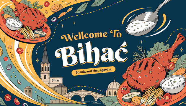 Welcome to Bihac, Bosnia and Herzegovina: Illustration of food, architecture, and natural elements