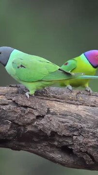 Colorful Wild Parrots Feeding and Interacting on a Mossy Branch