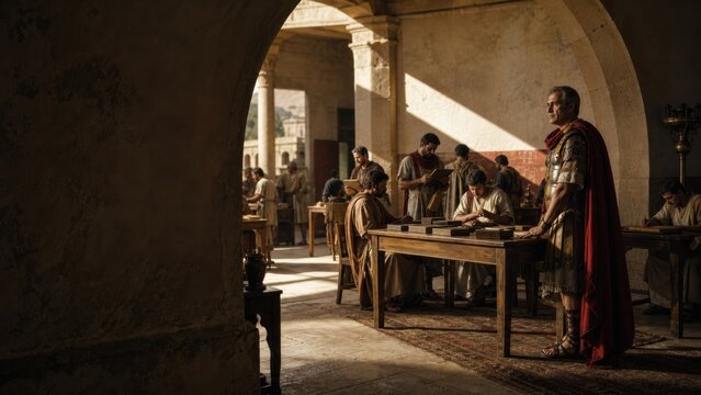 Roman soldier supervising census registration in Bethlehem. Ancient biblical scene depicting men gathering to be recorded as per the decree of Caesar Augustus. Historical religious event.