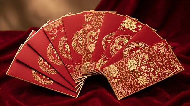 Traditional chinese red envelopes decorated with intricate gold dragon and floral patterns arranged in a beautiful fan shape against a luxurious deep velvet fabric background surface