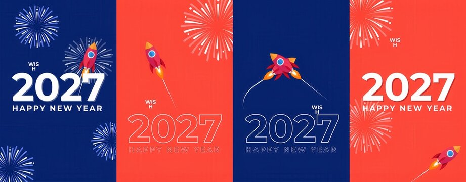 Happy new year 2027 banners with rockets fireworks
