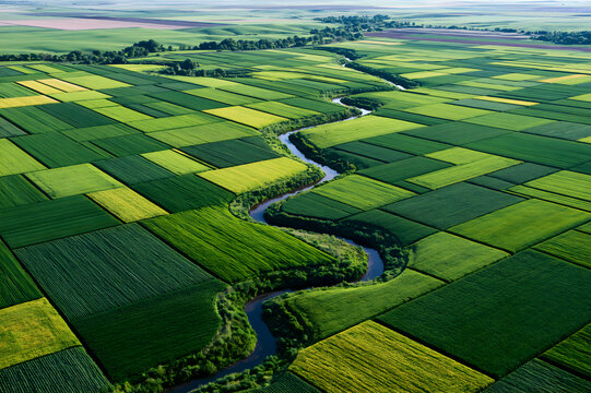 Aerial view of winding river flowing through green agricultural fields patchy farm landscape during sunny day nature agriculture environment concept