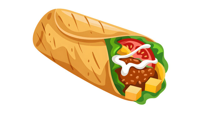Pixel art burrito with fresh ingredients like meat lettuce and cheese for a fast food menu design