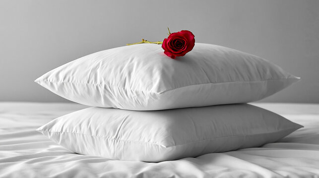 A stack of soft white pillows on a bed, featuring a single vibrant red rose resting on top against a minimalist grey background.