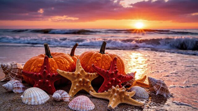 Pumpkins and starfish on sandy beach at golden sunset
