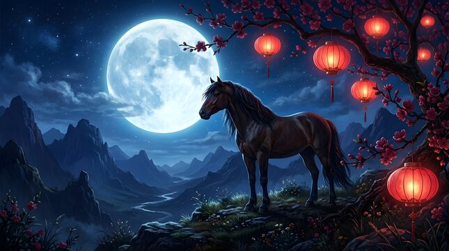 Majestic brown horse standing serenely upon a cliffside under a glowing giant full moon surrounded by traditional red chinese lanterns and beautiful blooming cherry blossoms