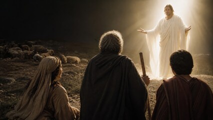Fototapeta premium Jesus appearing to shepherds in a field during night. Biblical scene of angel announcement of birth of Christ to men and woman. Religious event for Christmas and spiritual gospel faith.
