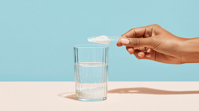 A clean studio photo of a dark-skinned hand holding a scoop of white powdered supplement over a glass of water on a blue and pink background.