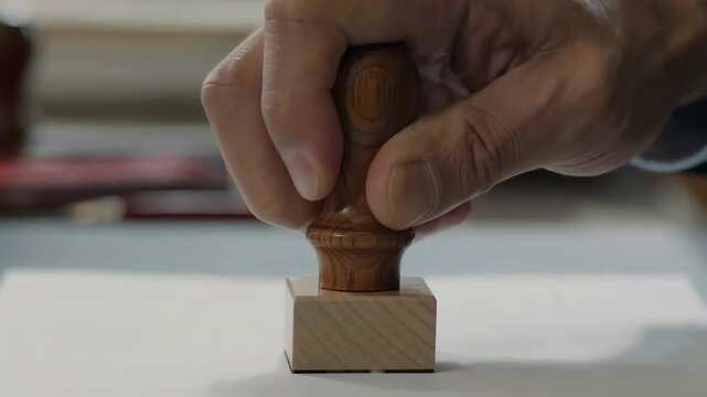 Hand stamping official document with wooden stamp