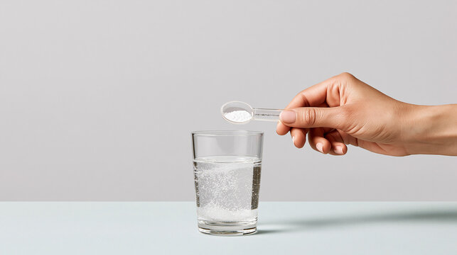 A clean studio photo of a hand pouring white powdered supplement from a small scoop into a glass of water on a light grey background.