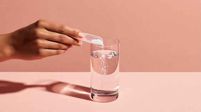 A clean studio photo of a dark-skinned hand pouring white powdered supplement from a glass vial into a glass of water on a pink background.