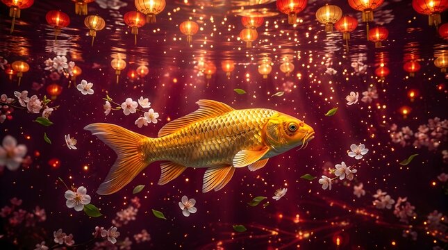 Vibrant golden koi fish swims elegantly through dark glowing water surrounded by delicate cherry blossoms and floating traditional red lanterns in this festive fantasy art composition